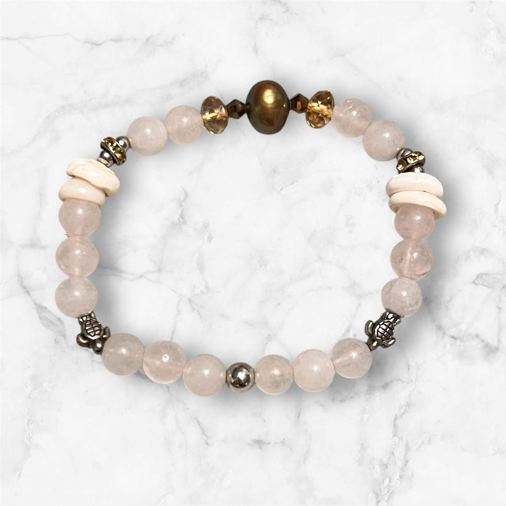 Rose Quartz, Shell Accents, Silver Turtles Stretch Bracelet
